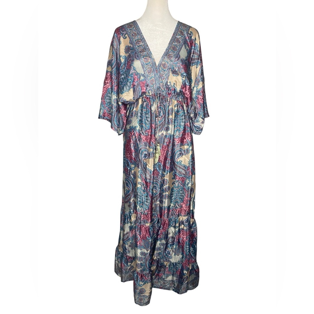 NWOT! ZURY Silk Blend Boho Fairy Gypsy V-Neck Ruffle Hem Paisley Maxi Dress - OS